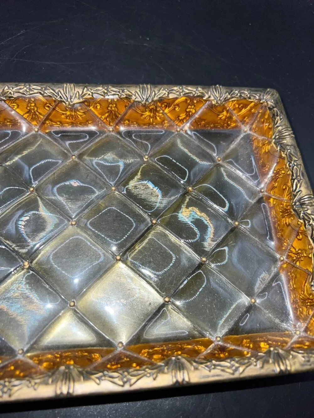 Vintage GoldTone Lucite Vanity Tray Quilted Diamond Pattern Ornate Floral Border